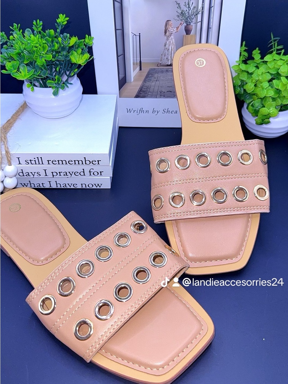 Tan Slide Sandals with Gold Accents